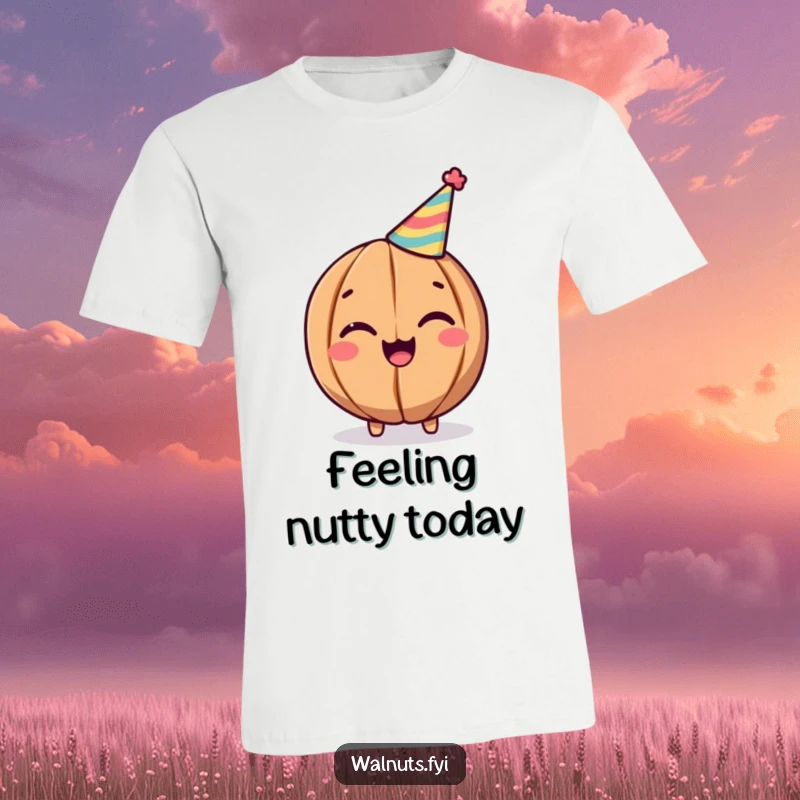 Funny Walnut T-Shirt: Cheerful walnut in a party hat winking, great for parties and as a funny gift.