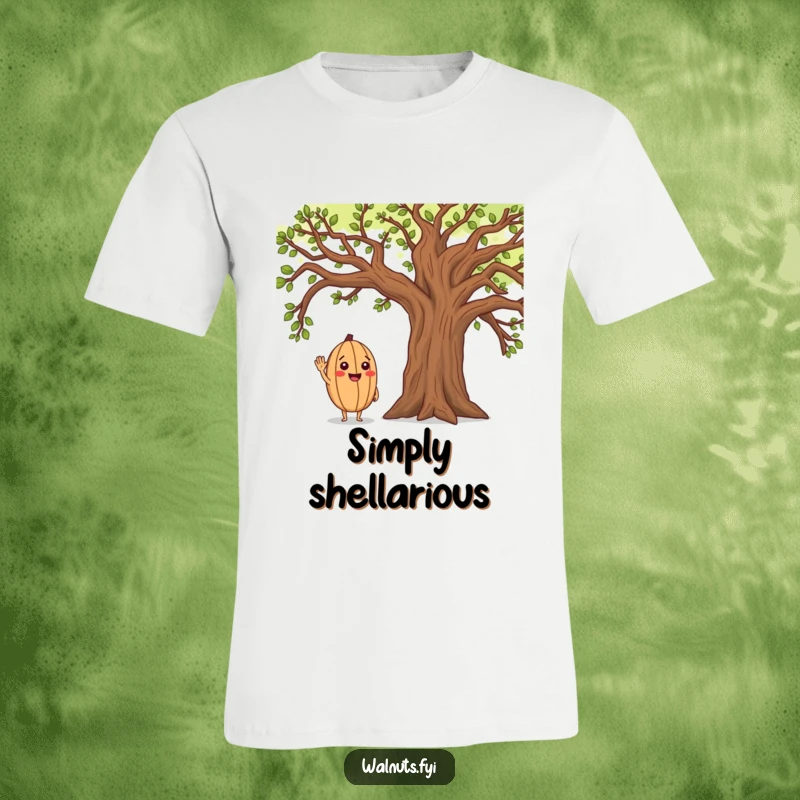 Funny t-shirt featuring a cheerful walnut character saluting a majestic oak tree with a friendly smile, perfect for gifting.