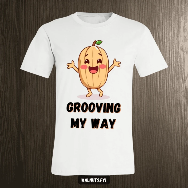 Funny playful walnut character performing a joyous happy dance with energetic moves, a humorous t-shirt for dancers.
