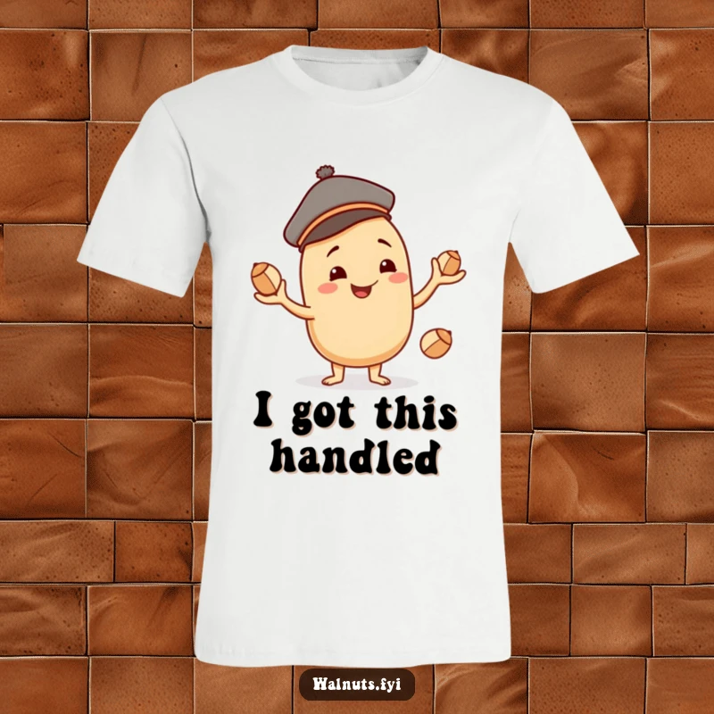 Funny beige cashew character with a jaunty cap, smiling and expertly juggling three smaller nuts, a picture of playful skill.