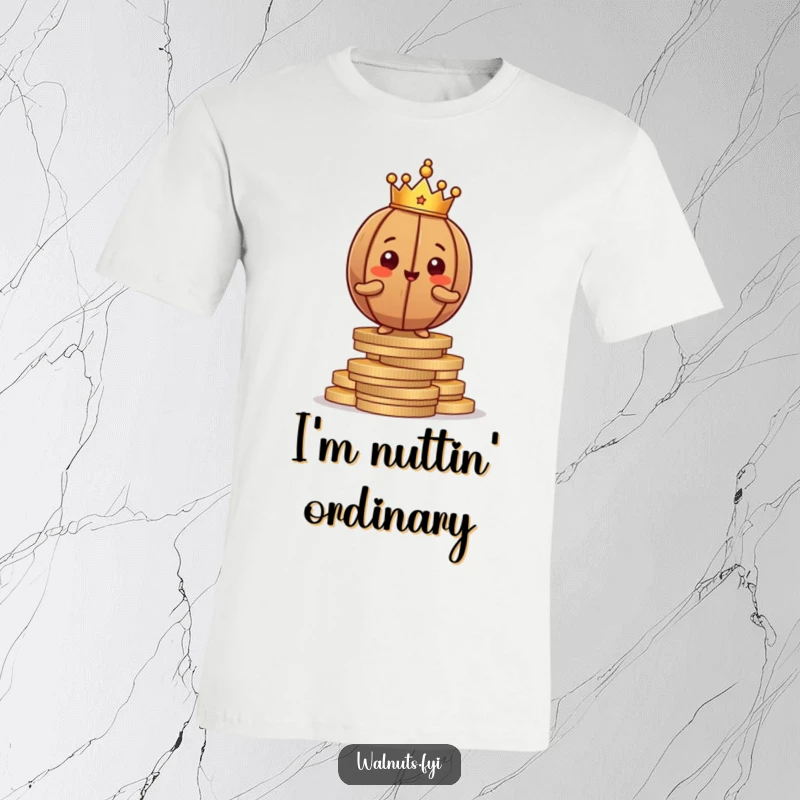 Funny brown walnut character with a crown, standing proud on coins, exuding regal confidence and a humorous aura.