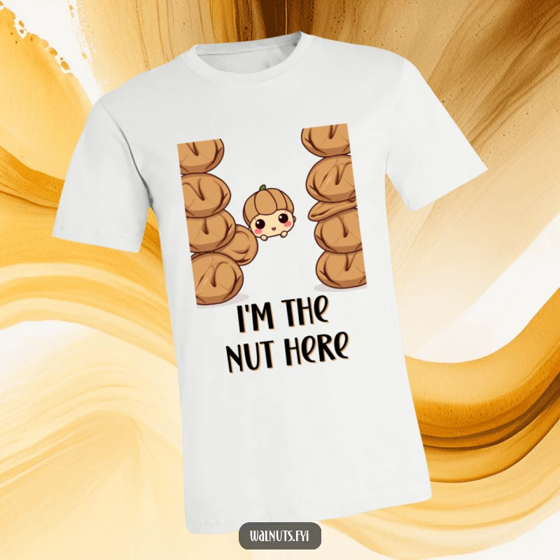 Funny walnut t-shirt, a curious walnut peeking from behind a pile of walnuts. A humorous and distinctive animal design.