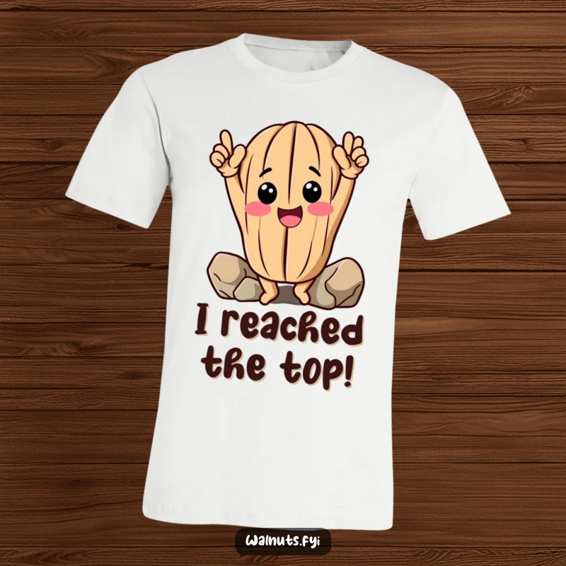 Funny Walnut T-Shirt: Cheerful anthropomorphic walnut raises arms after a successful climb, humorous apparel.