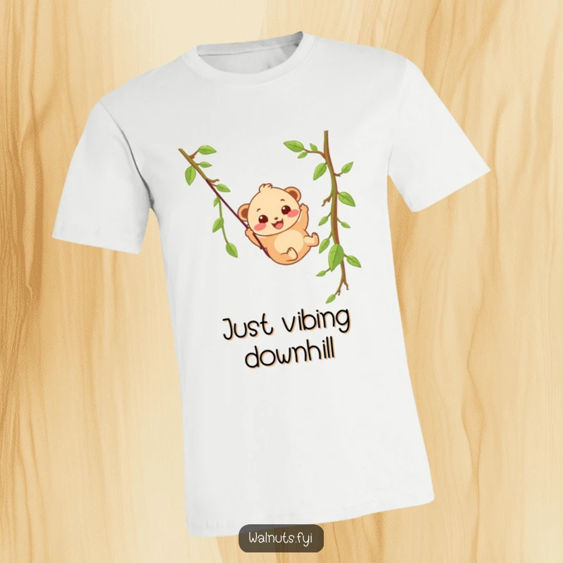 A wobbly beige hazelnut character with a happy grin joyfully slides down a vine zipline on this t-shirt.