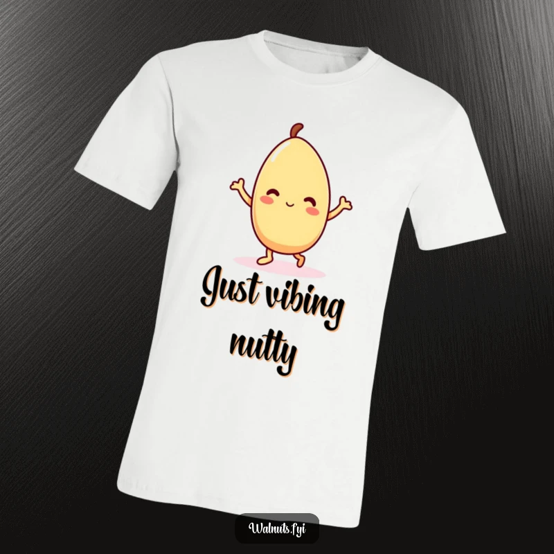 Funny Kawaii almond t-shirt showcasing a delighted little almond character busting a move with pure glee and happy feet.