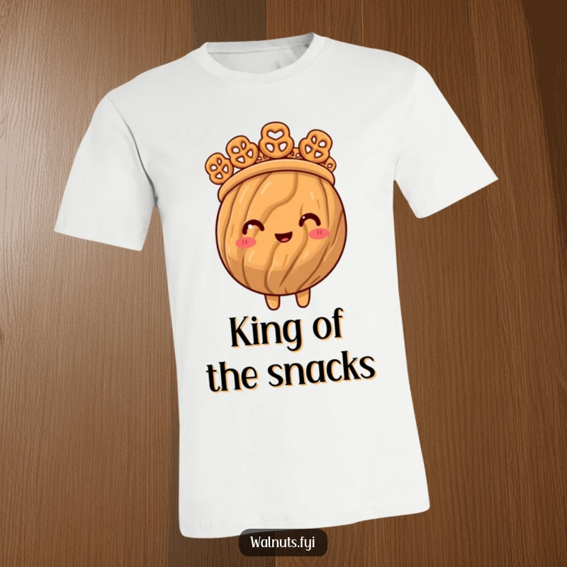 Funny t-shirt design of a proud walnut wearing an impressive crown made from small, salty pretzel bites.