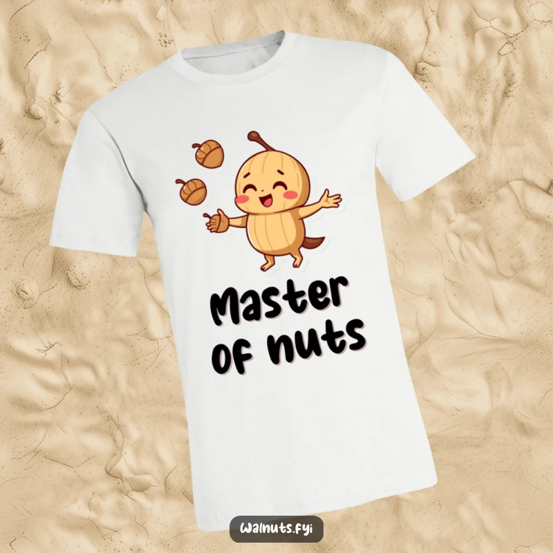 Funny juggling walnut t-shirt depicting a walnut concentrating while juggling three acorns, a fun apparel choice.