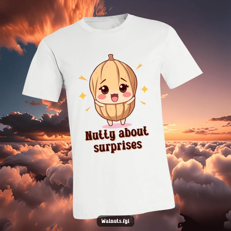 Funny t-shirt with a shocked walnut recoiling from a pop, showcasing a relatable and humorous reaction for casual wear.