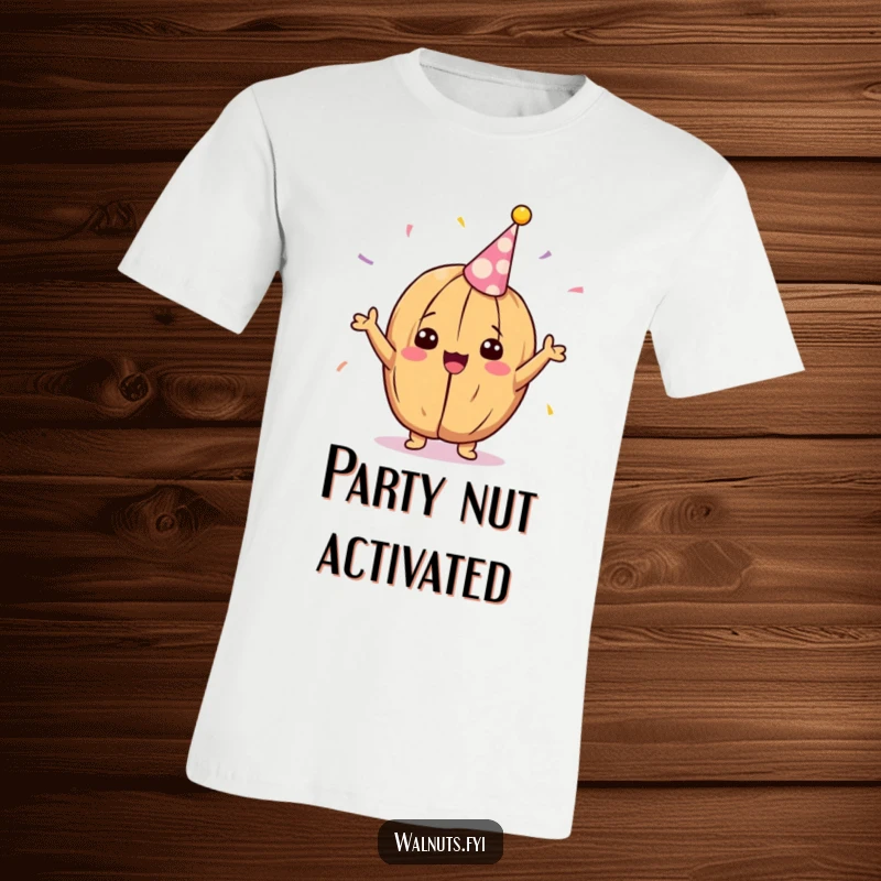 Funny Kawaii walnut t-shirt, depicted looking utterly delighted while cheering with a vibrant party streamer.