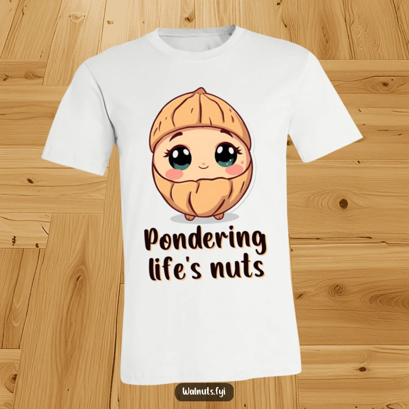 Funny t-shirt with a curious walnut character tilting its head inquisitively, wide eyes filled with wonder and intrigue.