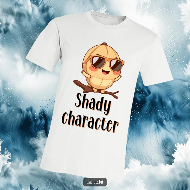 Funny walnut sunglasses t-shirt depicting a smiling walnut wearing tiny sunglasses, posing stylishly on a branch.