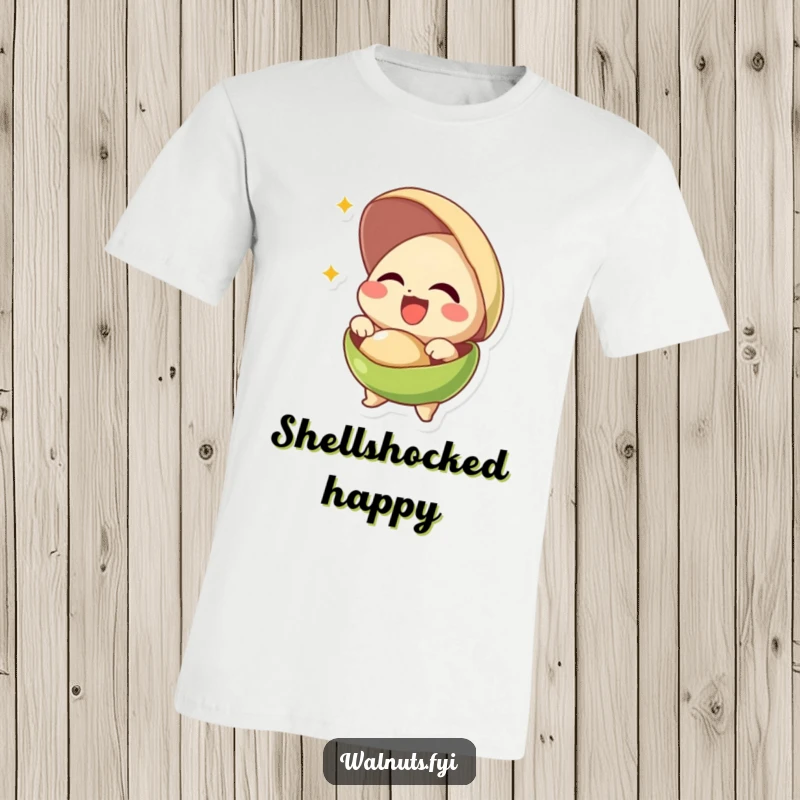 Funny t-shirt featuring a giggling pistachio dramatically bursting from its shell in a joyful explosion.