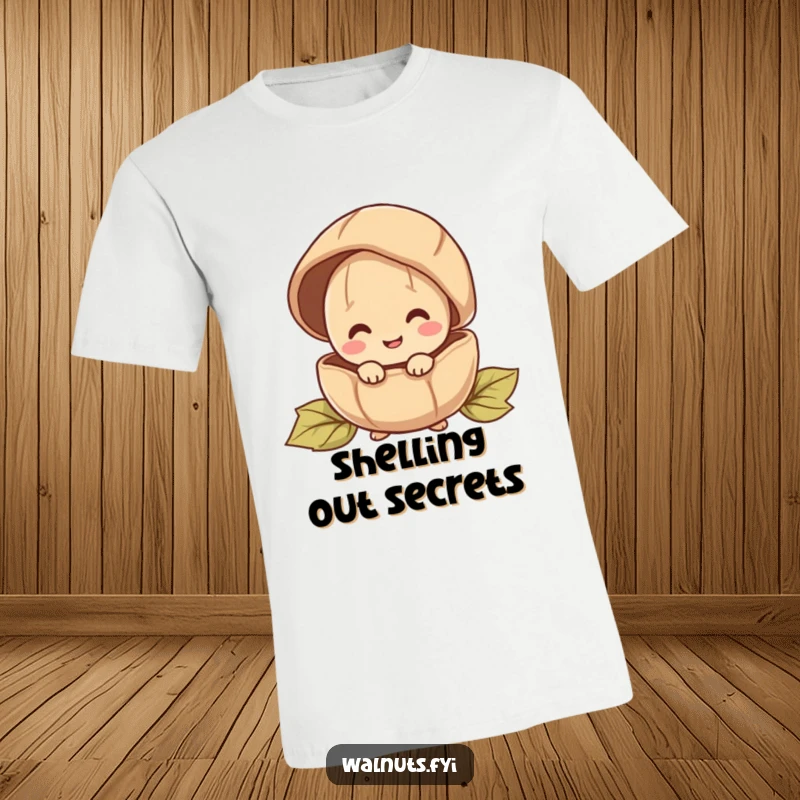 Funny t-shirt showcasing a happy walnut character playfully peeking out from behind a large, protective shell.