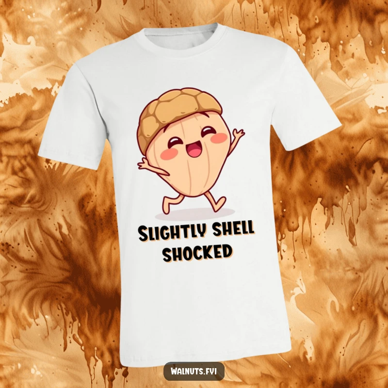 Funny t-shirt showcasing a giggling walnut character comically doing a funny little stagger, radiating pure amusement.