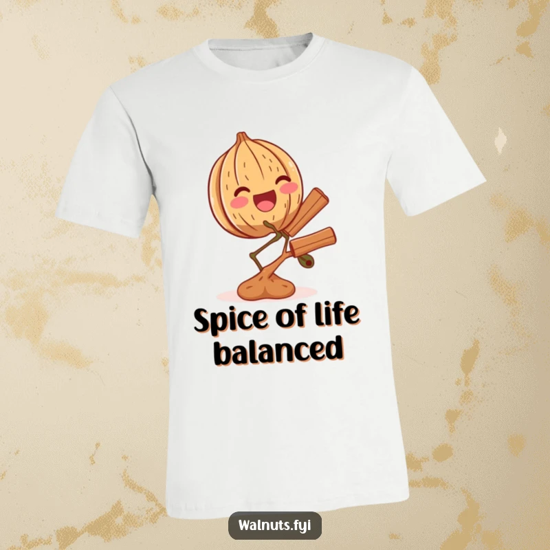 Funny t-shirt design of a thrilled walnut precariously balancing a tiny branch covered in cinnamon, beaming with happiness.