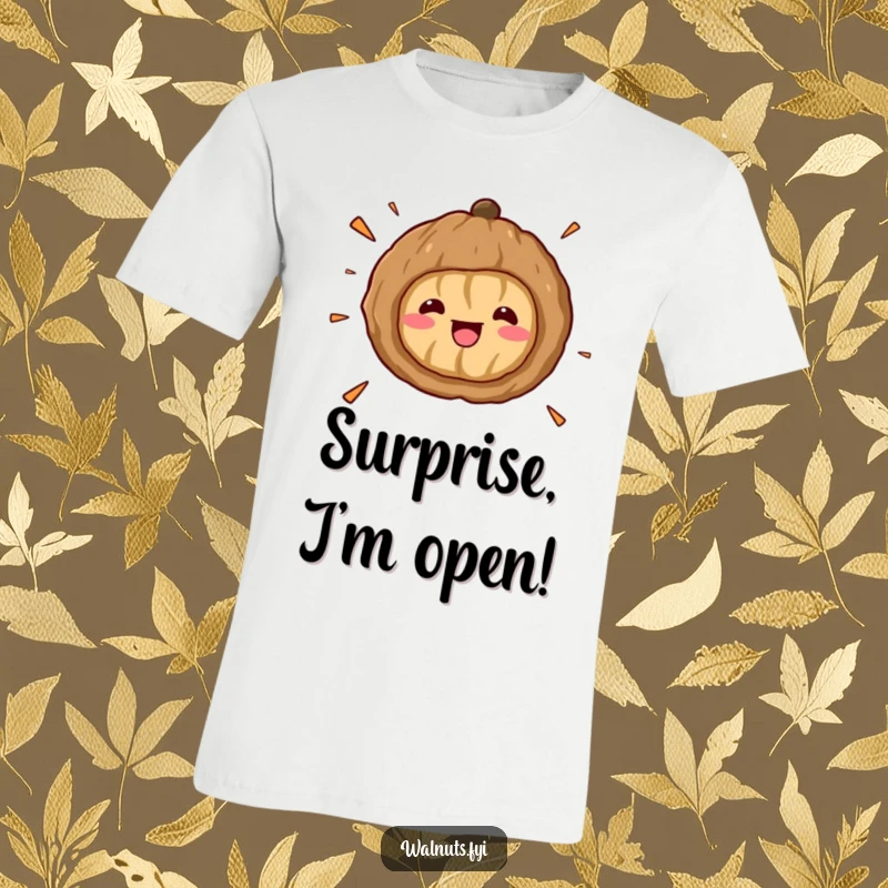 Funny Kawaii Walnut Surprise T-Shirt: A cartoon walnut cracks open with wide eyes and a gaping mouth, looking utterly shocked and delighted.