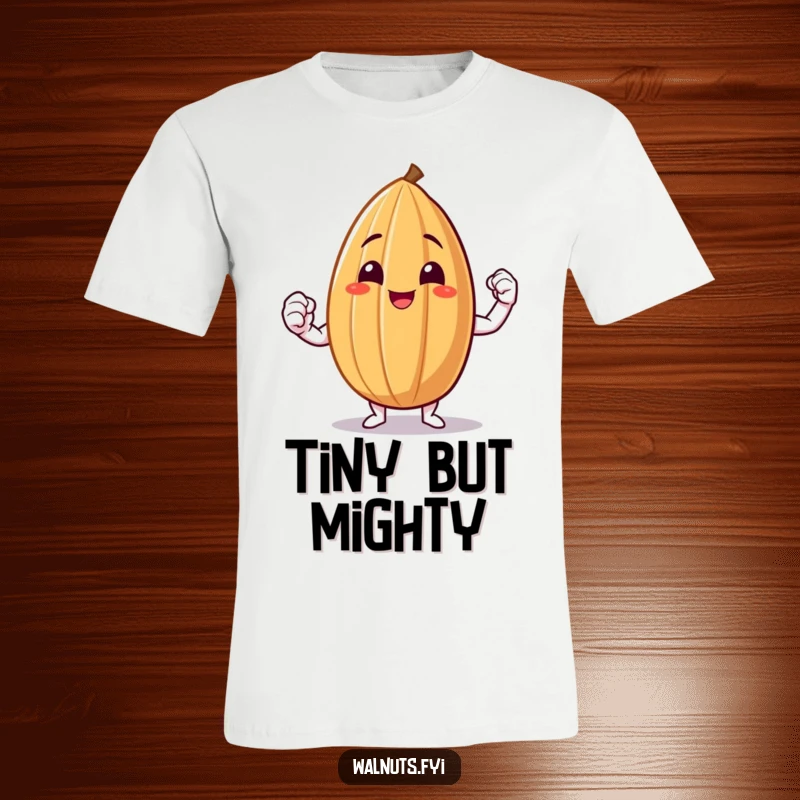 Funny Almond Flex T-Shirt featuring a smiling almond proudly flexing a tiny but mighty muscle.