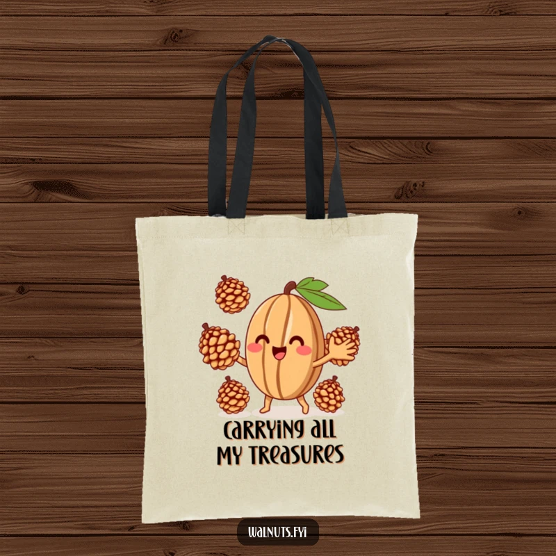 Funny Juggling Walnut Tote Bag, a smiling walnut juggling pinecones, a fun and practical bag for daily errands.