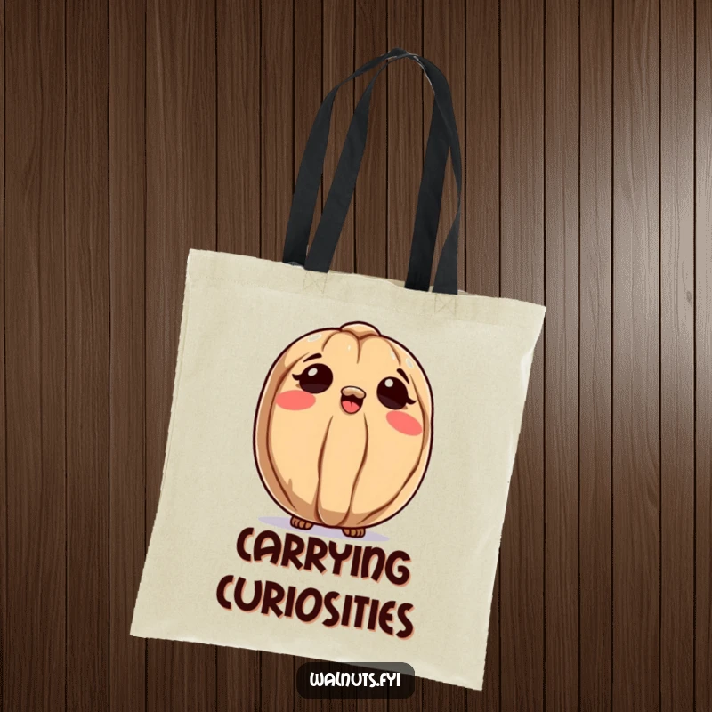 Funny tote bag with a curious walnut character looking up at the sky, ready to carry essentials and embrace discovery.
