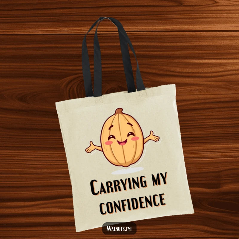 Funny tote bag featuring a smiling walnut character striking a confident pose with arms outstretched, perfect for everyday use.