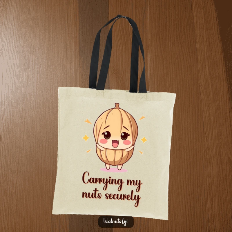 Funny tote bag with a surprised walnut reacting to a pop, ideal for shopping and carrying daily items with a humorous touch.