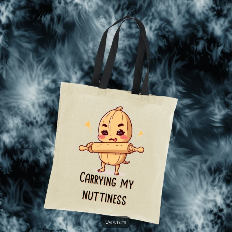 Funny tote bag showcasing a determined walnut comedian balancing a rolling pin and cracking a joke, perfect for grocery shopping.