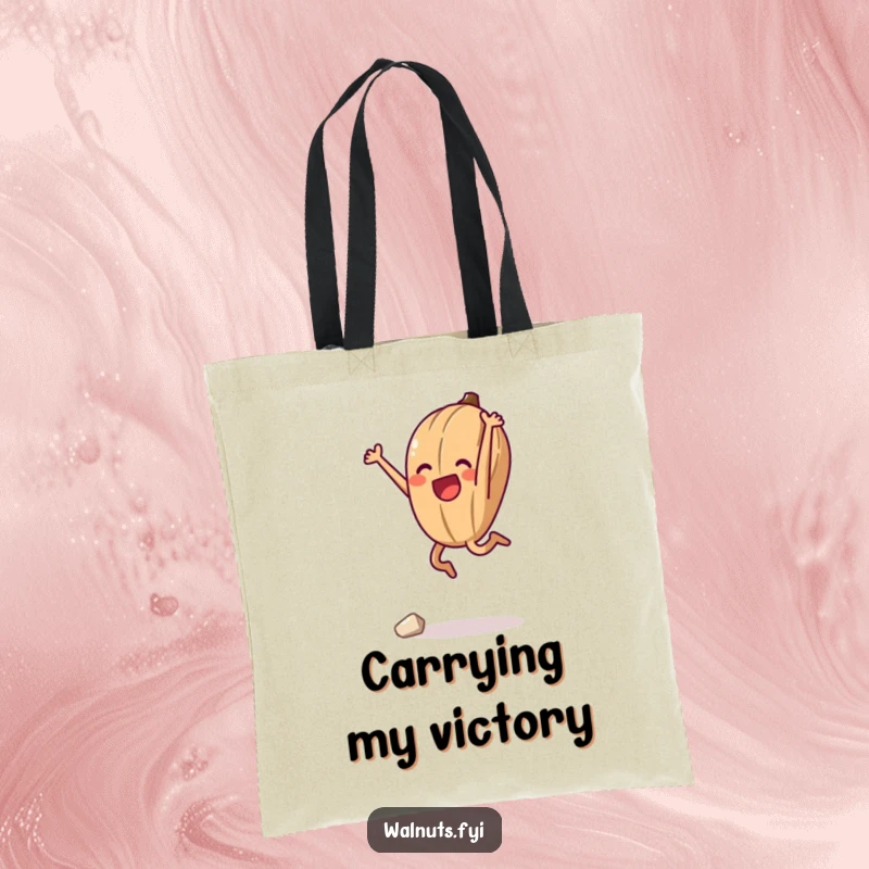 Funny tote bag featuring an anthropomorphic walnut performing a joyous, triumphant jump, celebrating the success of a challenging climb.
