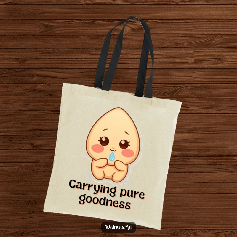 Funny shy light brown almond character with rosy cheeks, offering a dewdrop, perfect for carrying your items with tenderness.