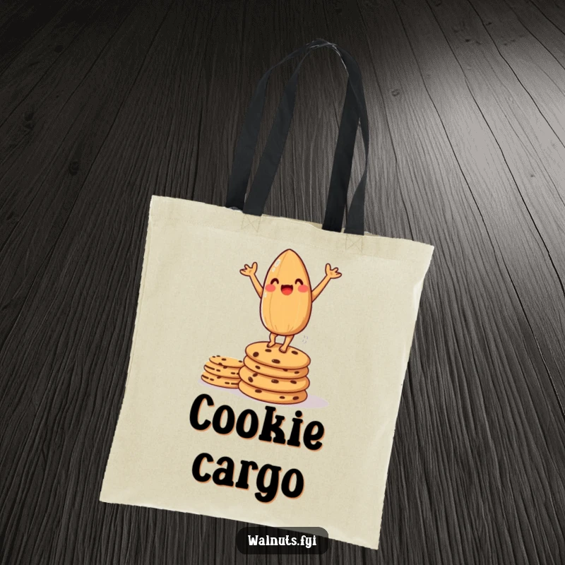Funny tote bag featuring an amused almond doing a handstand on cookies, a unique and practical accessory.
