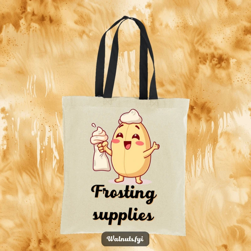 Funny tote bag featuring a delighted macadamia nut pointing at frosting, a cute and practical baking accessory.