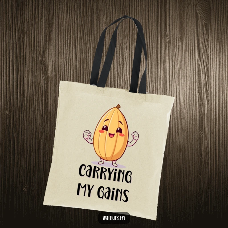 Funny Almond Flex Tote Bag showcasing a smiling almond triumphantly flexing a small but noticeable muscle.