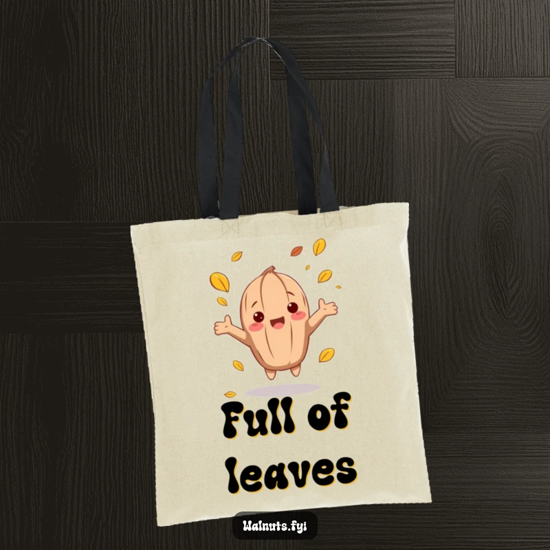 Durable funny autumn walnut tote bag with a character catching falling leaves, great for shopping.