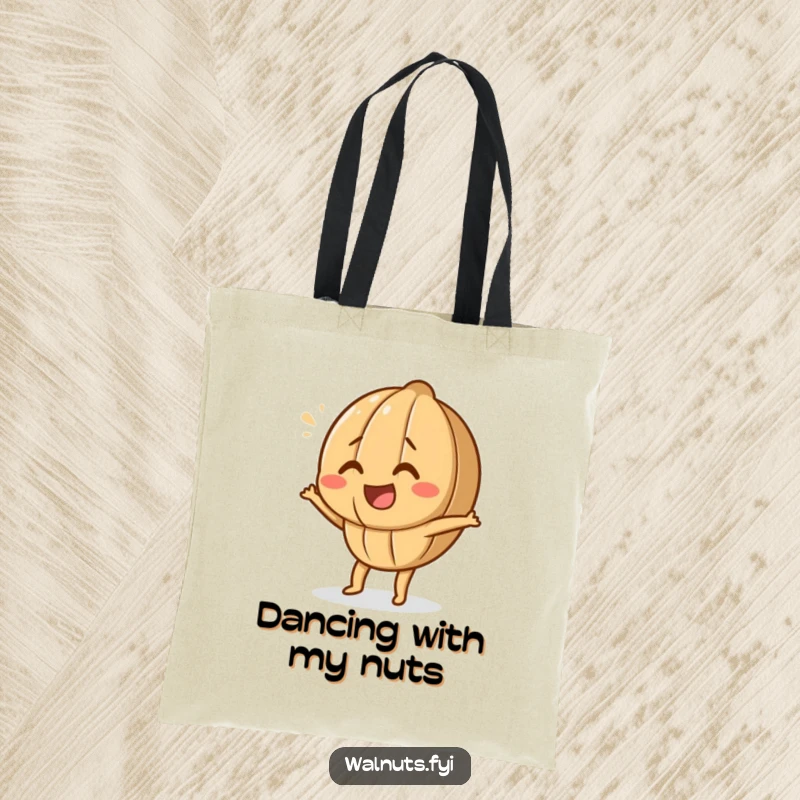 Funny Dancing Walnut Tote Bag featuring a happy walnut character doing a silly dance, perfect for shopping and errands.