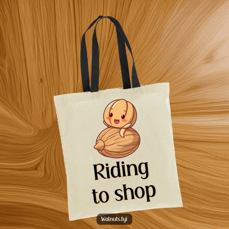 Funny tote bag with a delighted walnut character joyfully riding on the back of a stylized nut.