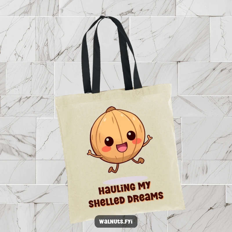 Funny tote bag with a smiling walnut character with tiny legs scampering energetically, perfect for stylish, humorous shopping.
