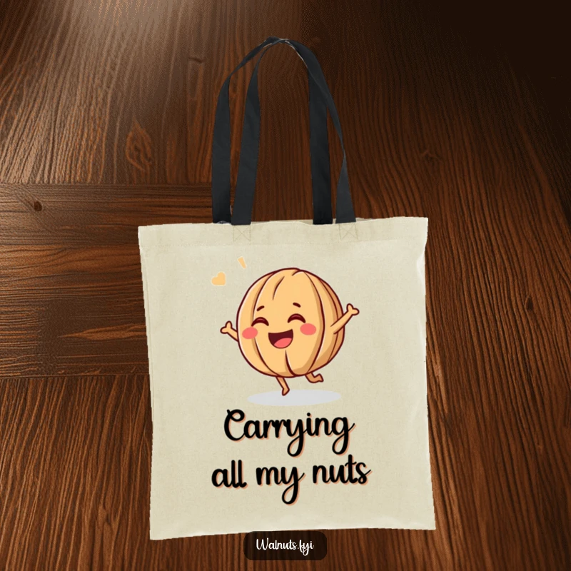 Funny tote bag showcasing a giggling walnut character in mid-bounce, exuding happiness and a contagious, cheerful grin.