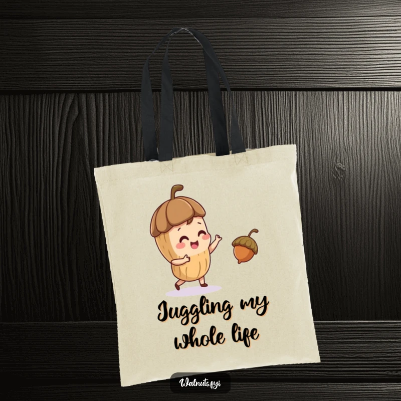 Funny tote bag featuring a playful walnut character juggling a small acorn, perfect for stylish, humorous carrying.