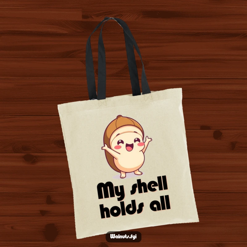 Funny Kawaii hazelnut tote bag featuring an excited character popping out from its shell, perfect for carrying items with flair.