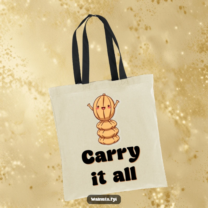 Funny Kawaii Walnut Balance Tote Bag: A cartoon walnut demonstrates impressive balance atop a pile of nuts, exuding playful confidence and humor.