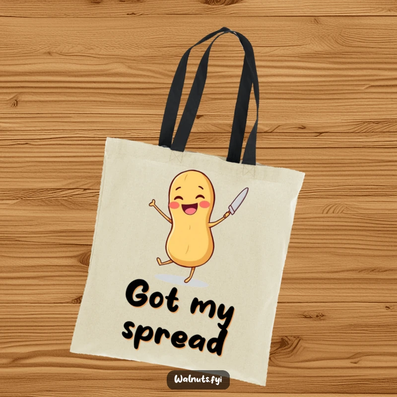 Funny tote bag depicting a joyful peanut dancing with a butter knife, perfect for carrying groceries with a smile.