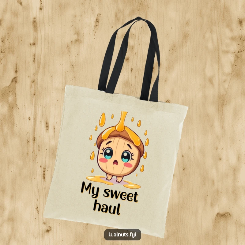 Funny tan pecan character with wide eyes is surprised by a cascade of sweet syrup on this tote bag.