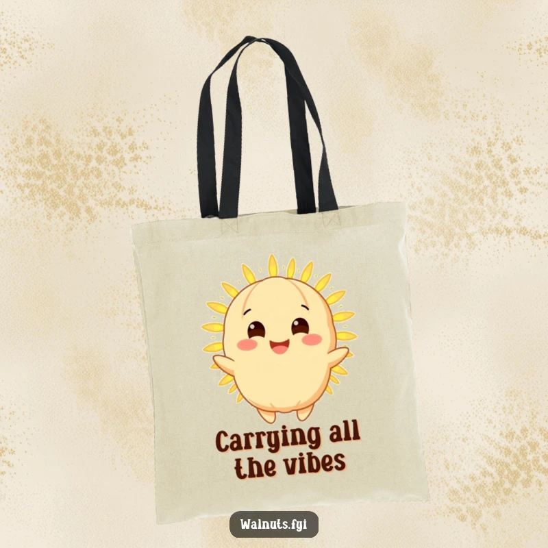 Funny macadamia nut tote bag with a radiant smiling golden character sharing a bright glowing light, a cheerful and practical accessory.