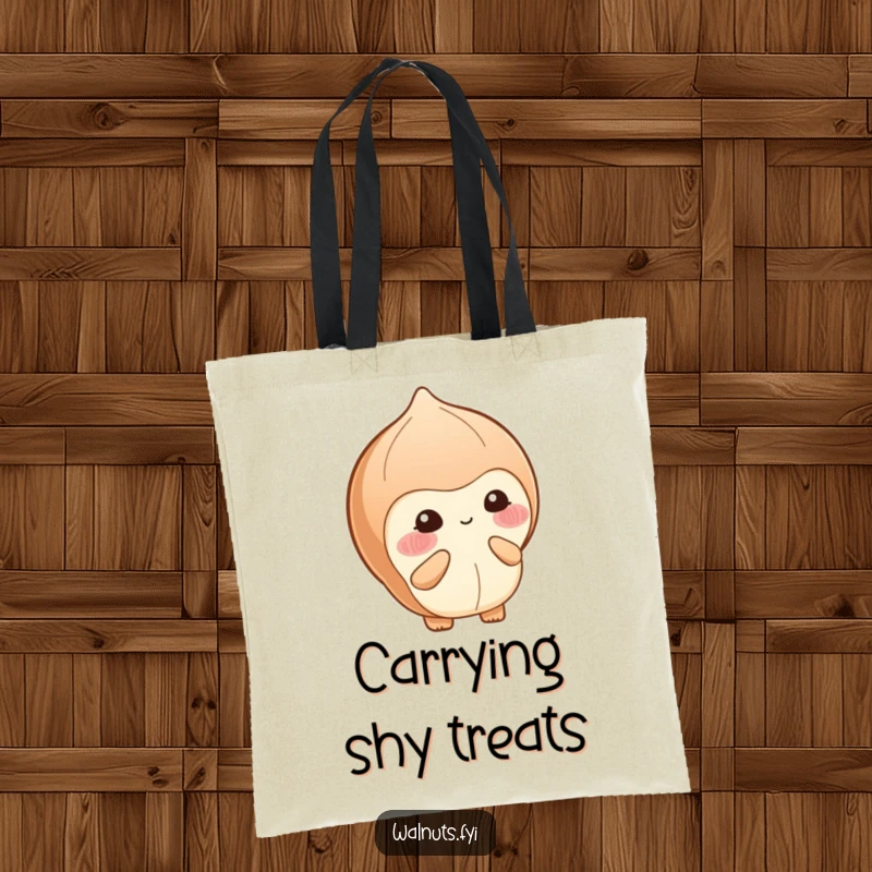 Funny tote bag featuring a blushing hazelnut shyly offering a small berry with a bashful smile, perfect for carrying treasures.