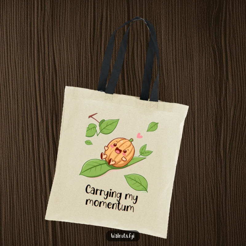 Funny Sliding Walnut Tote Bag, a happy walnut character sliding down a leafy slope, a fun and functional bag.