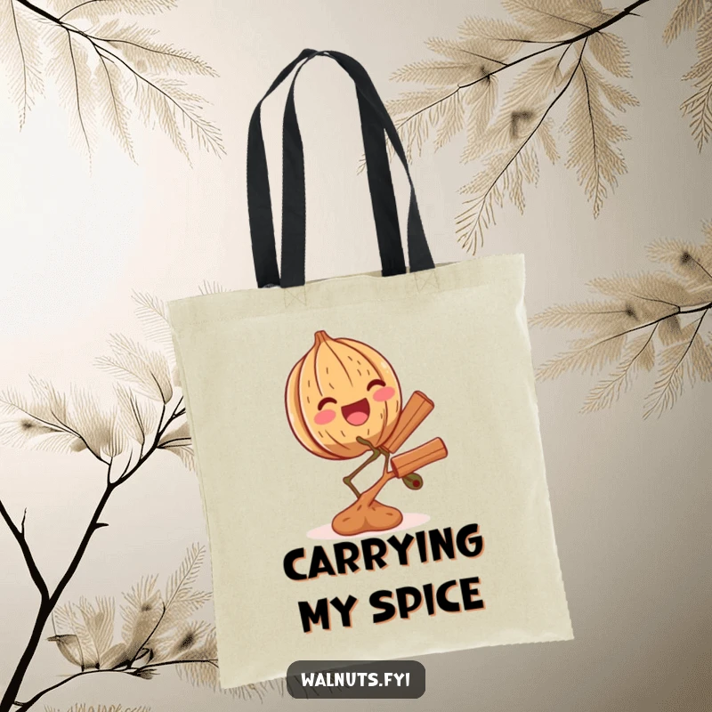 Funny tote bag illustration of a thrilled walnut carefully balancing a tiny branch of cinnamon, symbolizing balance and joy.
