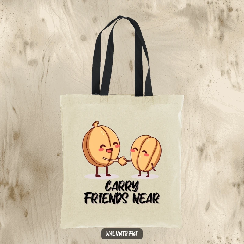 Funny tote bag featuring a beaming walnut offering a tiny handshake to another walnut, perfect for carrying nutty essentials.