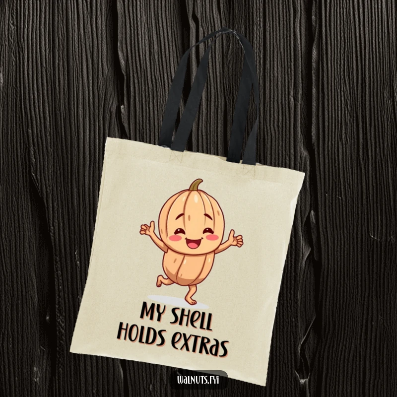 Funny tote bag illustrating a cheerful, gnarled walnut character performing a lively happy jig, ideal for shopping.