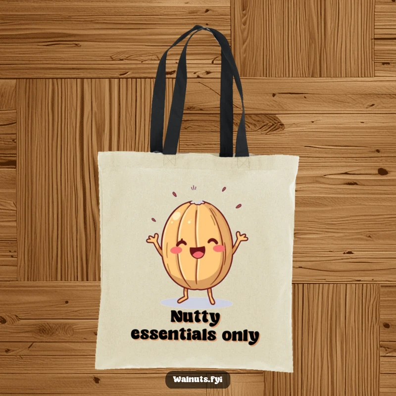 Funny tote bag featuring a happy walnut doing a jig with salt sprinkles, a cheerful and nutty dance party.