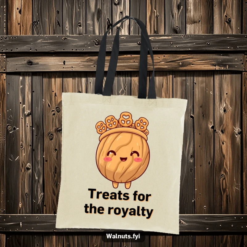 Funny tote bag featuring a proud walnut wearing a crown made of miniature pretzel bites, exuding snack king vibes.