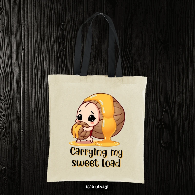 Funny tote bag illustration of a resilient walnut pushing a large, viscous drop of honey, representing daily tasks.